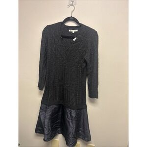 Heidi Weisel Sweater Dress Womens Large Black Cable Knit & Satin Trim